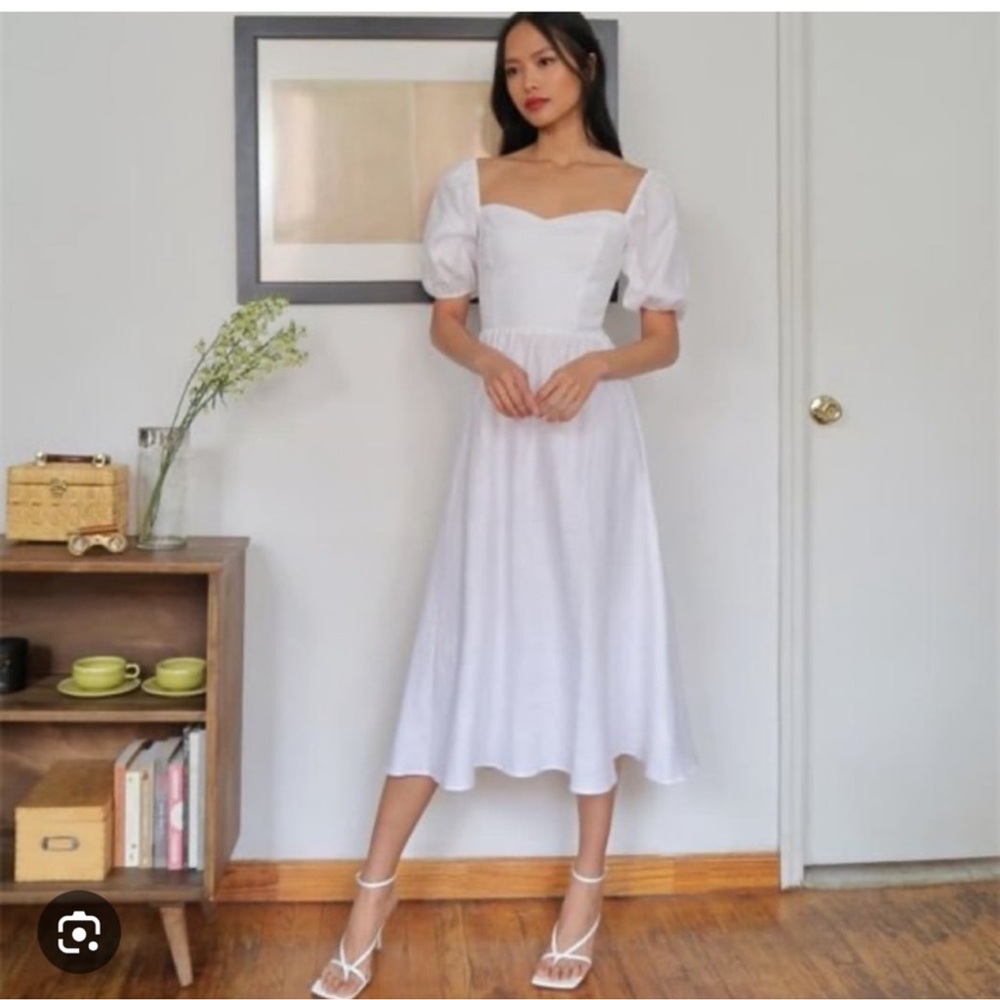 Reformation White Puff-Sleeve Midi Dress